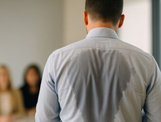 Homem tentando esconder o suor no trabalho durante uma apresentação