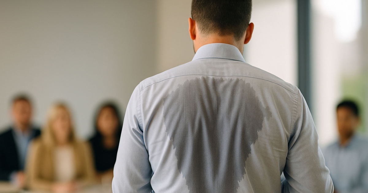 7 truques para esconder o suor no trabalho Homem tentando esconder o suor no trabalho durante uma apresentação